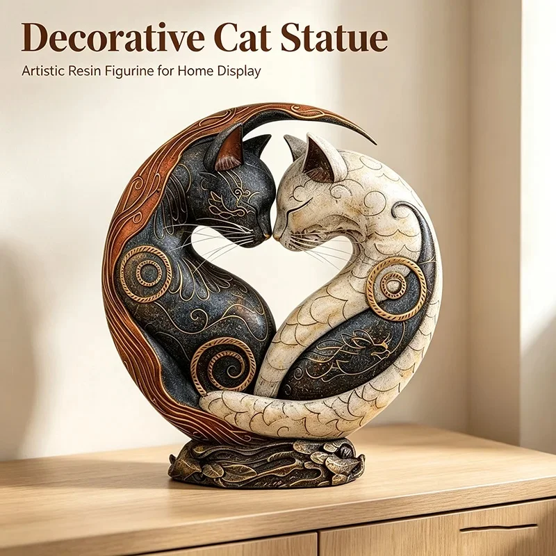 Black And White Intertwined Cat Sculpture Retro Totem Pattern Resin Craft Ornament Creative Living Room Tabletop Decoration