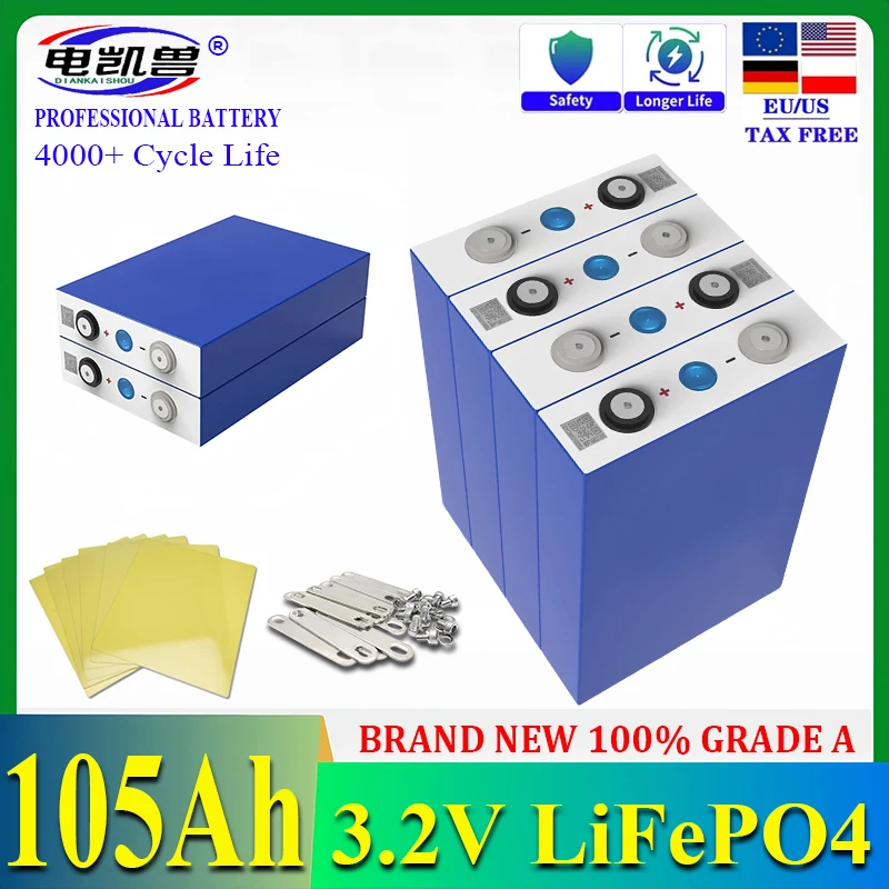 

New 3.2V 105AH Lifepo4 Lithium Iron Phosphate Rechargable Grade A 12V 24V 48V Battery Prismatic RV Solar System EU US TAX FREE