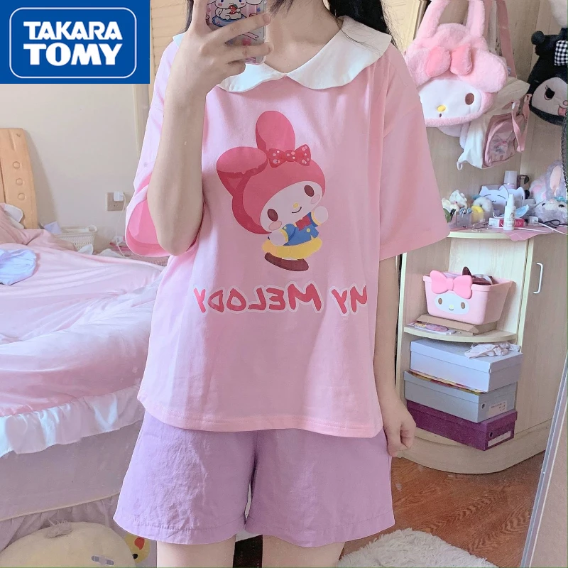 

TAKARA TOMY Girls Cute and Sweet 2022 Summer New Hello Kitty Loose T-shirt Student Doll Collar Loose Casual Top Short Sleeve