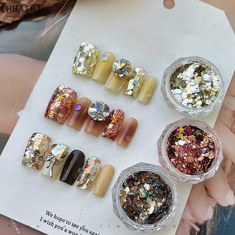 [[HBA16」 10 صناديق مسمار الفن الراين زينة مضلع الليزر لامعة فلاش مسحوق ملصقات الأظافر اكسسوارات التجميل