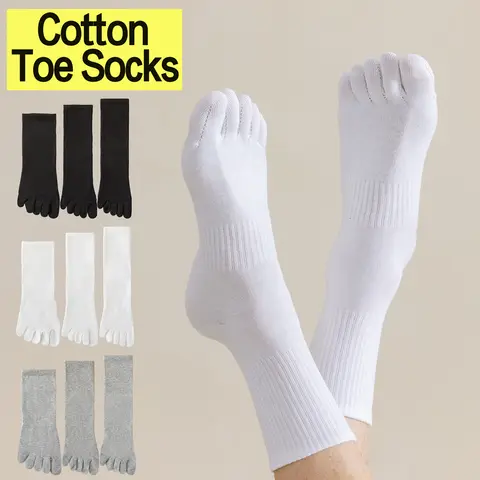 3 Pairs Cotton Toe Socks For Men Breathable Separated Toe Design Black White Crew Socks Anti Odor Comfortable Everyday Socks