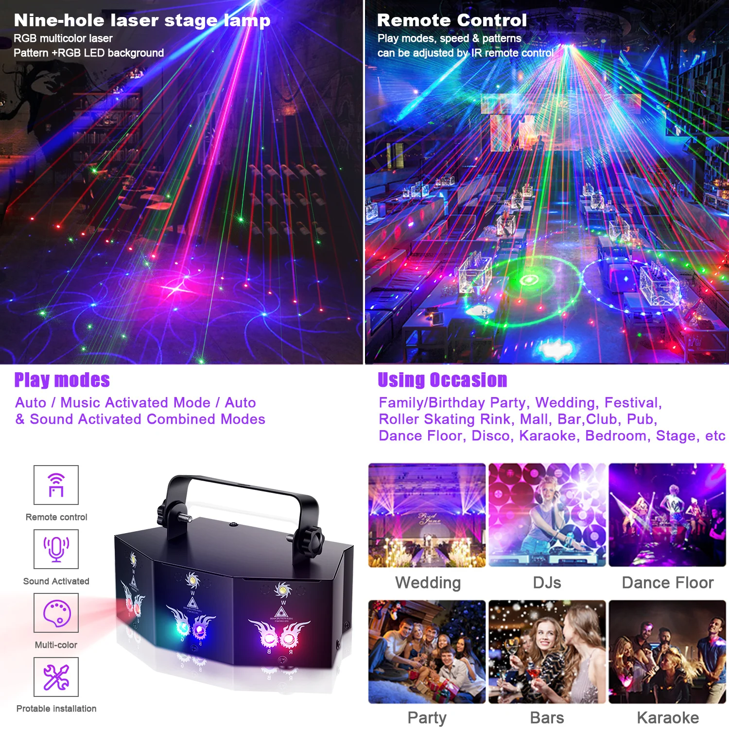 U'King 9-ogen projector RGB laserfeestlicht Afstandsbediening Podiumeffectverlichting 7CH DMX512 Nachtclubverlichting voor DJ Disco Show