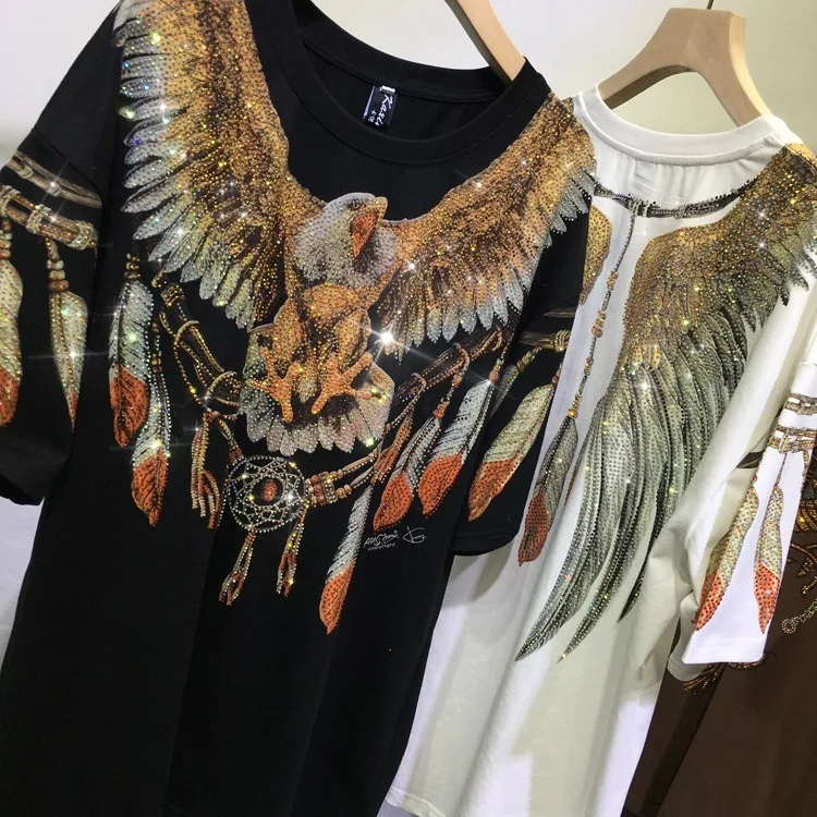 L-4XL Big Size Print Both Side Eagle Rhinestones Top Oversize T-shirts Women Loose Short Sleeve Hip Hop Graphic T Shirts Lady