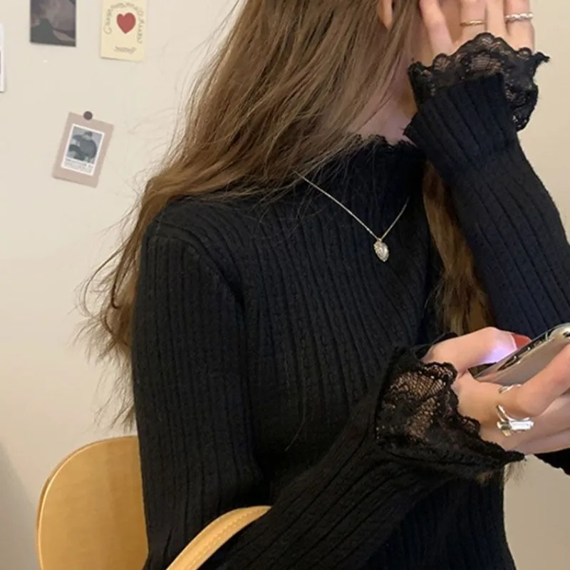 Jerséis de punto para mujer, suéter ajustado con cuello simulado, encaje elástico, suéteres de punto para otoño e invierno, capa Base elástica, jerséis para mujer