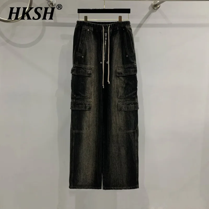 HKSH Autumn Winter New Men's Dark Casual Punk Chic Jeans Safari Style High Street Multi Pocket Color Contrast Denim Pants HK3532