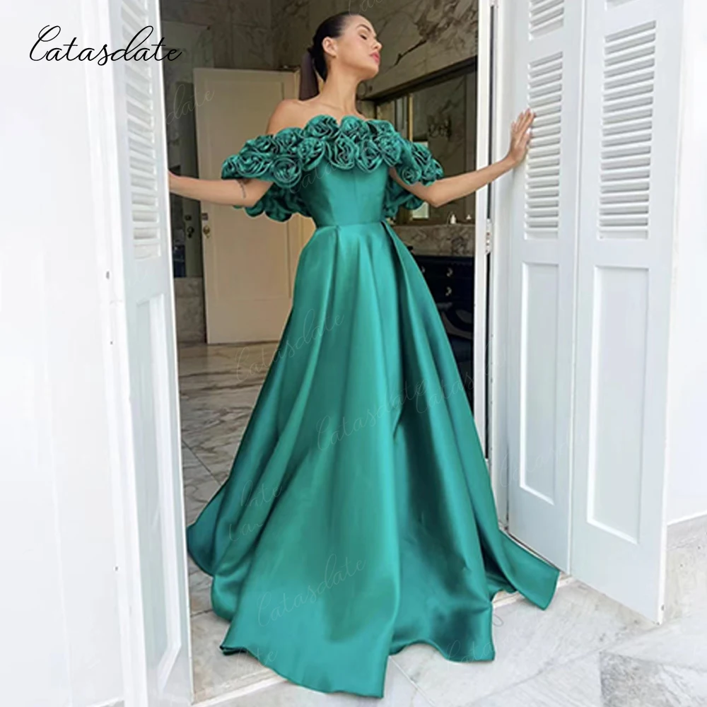 Catasdate Green Evening Dress 3D Flowers Elegant Party Dresses for Women A Line Formal Prom Party Gown vetidos de fiesta