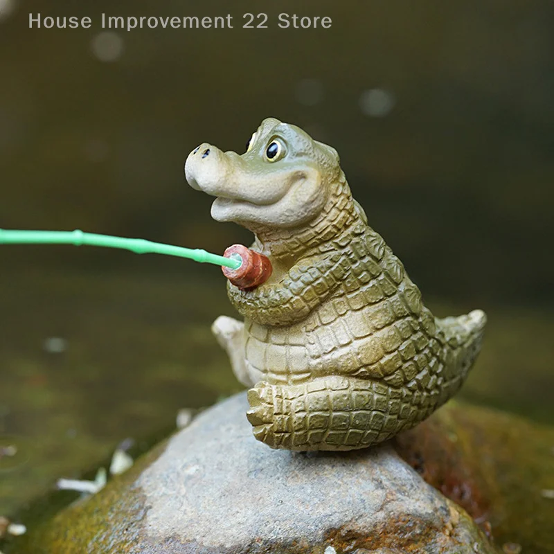 Creative Rope Fishing Crocodile Statue Cute Simulation Crocodile Resin Figurine Animal Sculpture Ornament Outdoor Home Garden