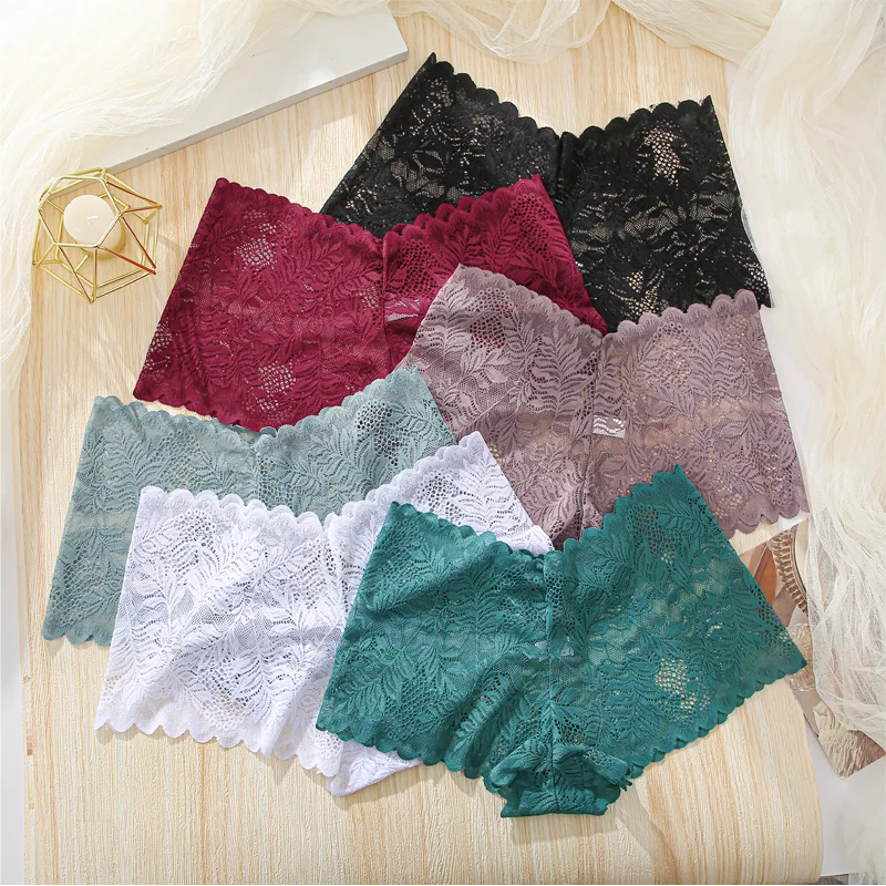 FINETOO 6PCS Women Sexy Lace Boyshort Hollow Out Floral Panties Female Low Waist Transparent Underpants Invisible Lingerie S-XL