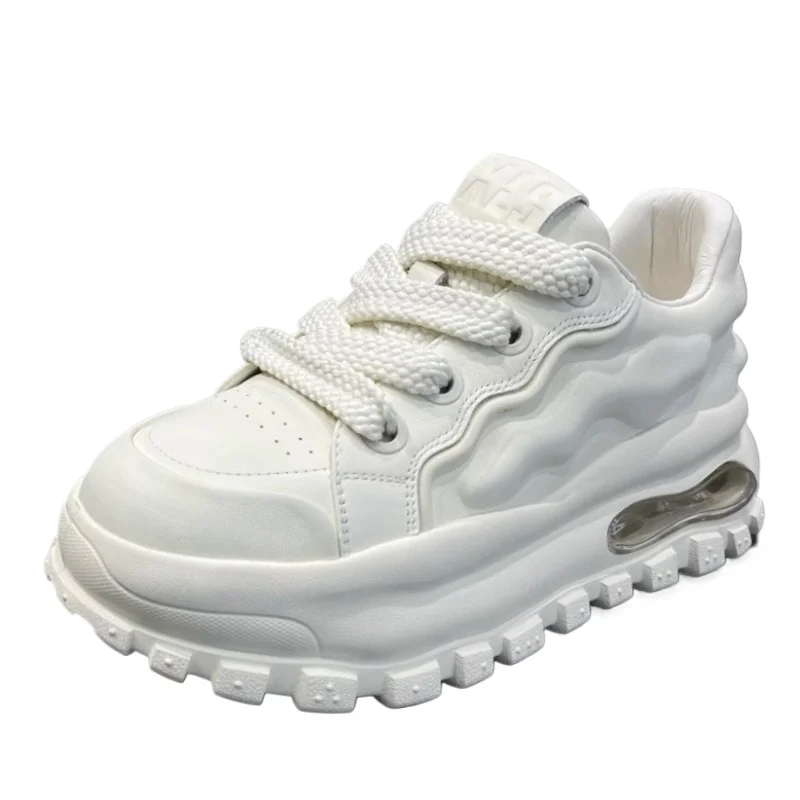 

Genuine Leather White Buffer Sole Heightening Shoes for Men's Comfortable Soft Soled Breathable Trendy Sports Casual Daddy Shoes