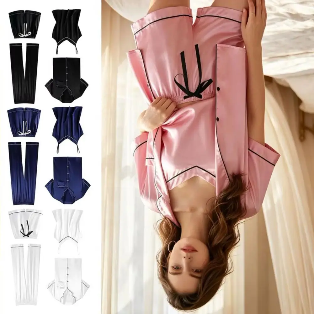 4Pcs Milk Silk Fabric Pajamas Sexy Cami Top Shorts Button Down Short Sleeve Top Pants Sleepwear Cozy Nightwear