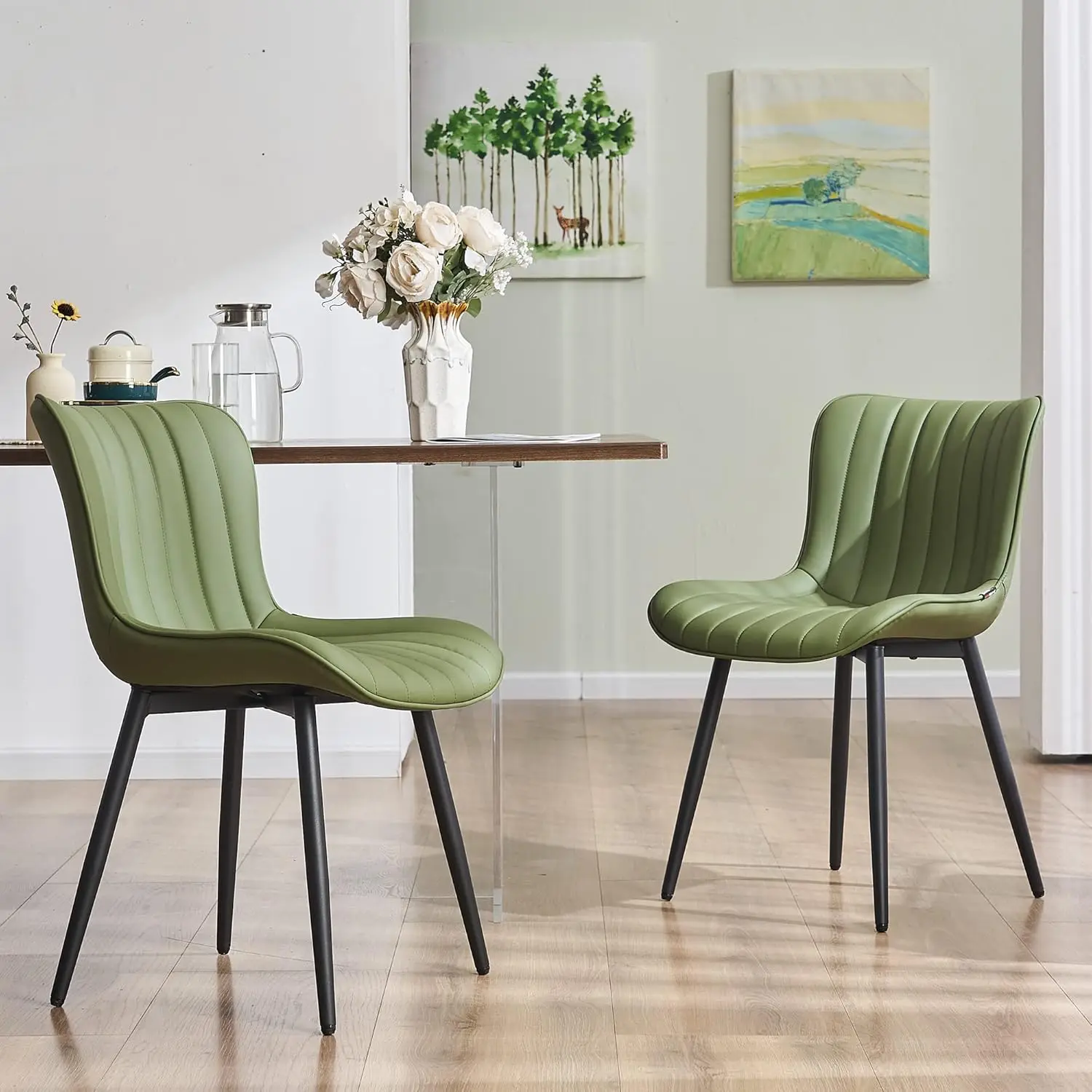 Olive Green Dining Chairs Set of 2 Upholstered Mid Century Modern Kitchen Chair Armless Faux Leather Side Chairs