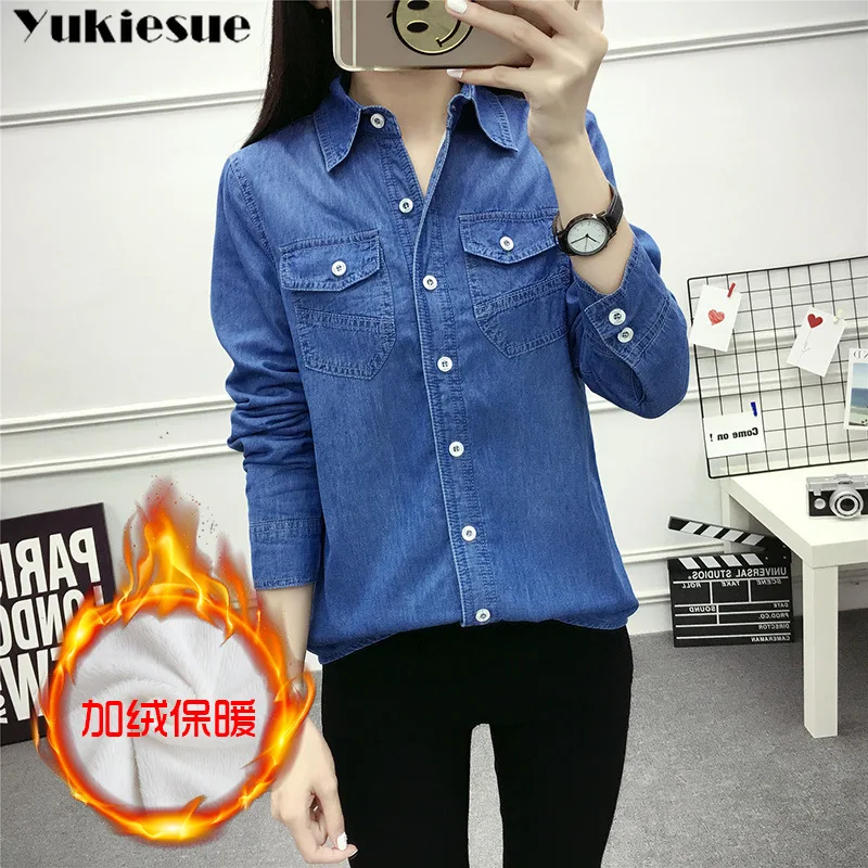 2022 Casual winter Autumn warm thick fleece denim Blouses Women Ladies Tops Women Blouses Long Sleeve Shirt clothe S-3XL