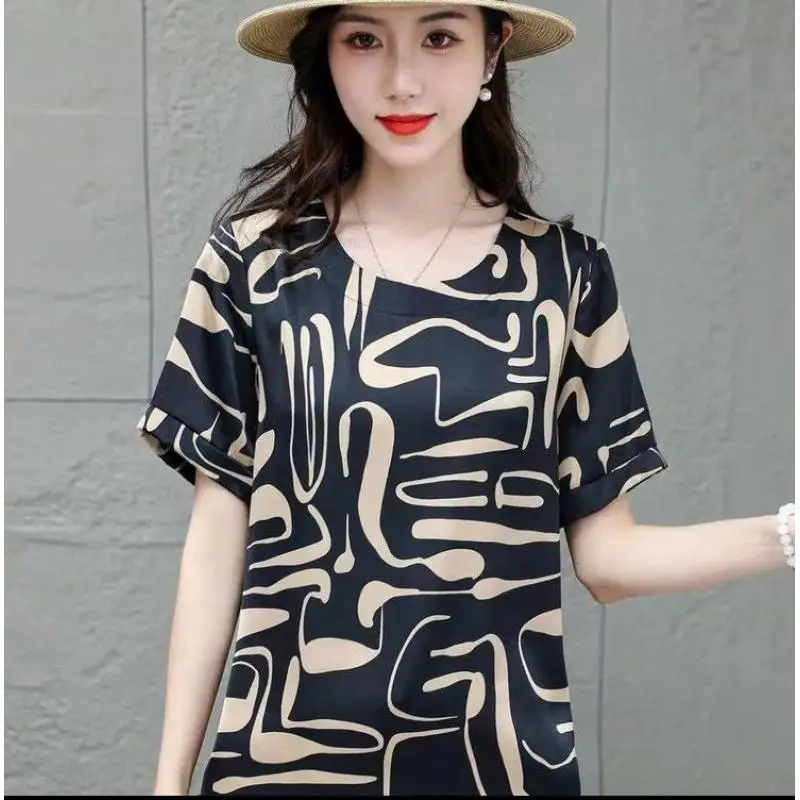 Summer New Casual Printed  imitation silk Women's Round Neck Pullover Fashion Versatile Elegant Short Sleeve Loose T-shirt Tops