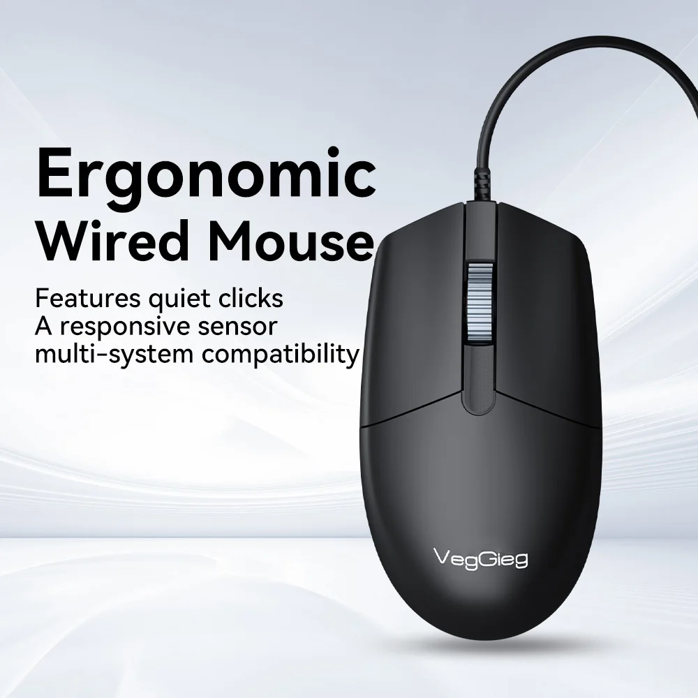 VegGieg 1200DPI Wired Mouse Silent Click with 1.8M Braided Cable Ergonomic Design Office Mouse Teflon Feet for PC Laptop Desktop