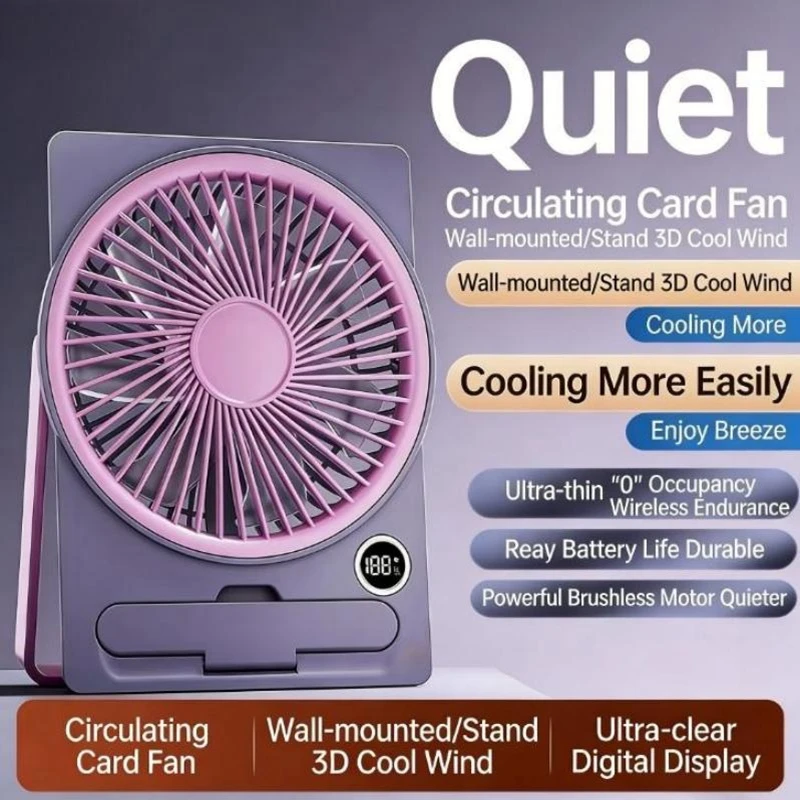 Ultra-Thin Portable Desktop Fan with Digital Display USB Charging Strong Wind Silent Card Style for Dormitory Office Summer Use
