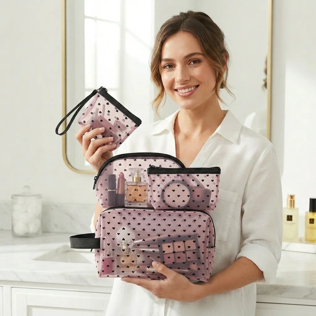 Mesh Toiletry Bag Transparent Heart Printed Cosmetic Case Quick-Dry Gym Shower Organizer Mesh Makeup Pouch Summer Beach Wash Bag
