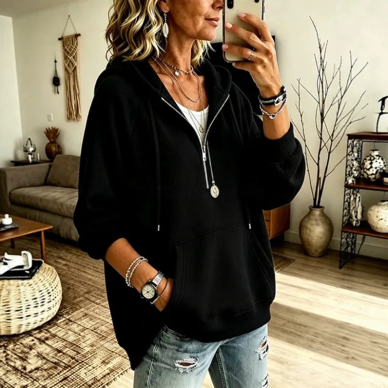 Women Half Zip Drawstring Hooded Pocket Ribbed Long Sleeve Sweatshirt