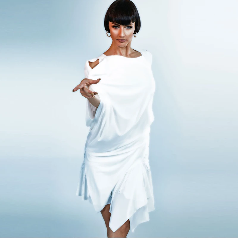 ผู้ใหญ่ Chacha Samba เต้นรําชุดสีขาวแขนไม่สม่ําเสมอชุดเต้นรําละตินผู้หญิงการแข่งขันเต้นรํา SL12997