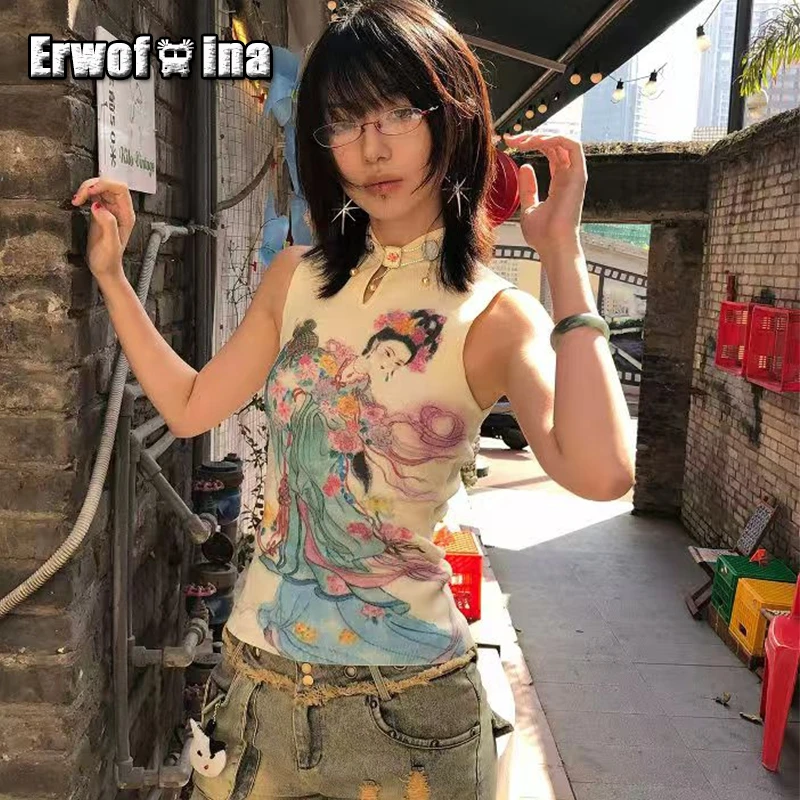 Erwofeina Chinese Style Tank Top Hollow Out Skinny Vest 2000s Clothes Y2k Print Flower Fairy Woman Sleeveles Korean Fashion Tops