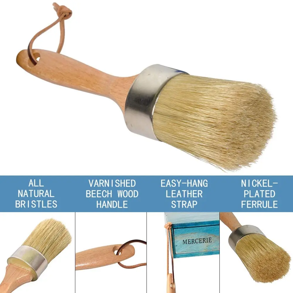 Chalk and Wax Paint Brush Large 2-In-1 Round Natural Bristles Painting Tool for DIY Furniture Stencils Home Decor