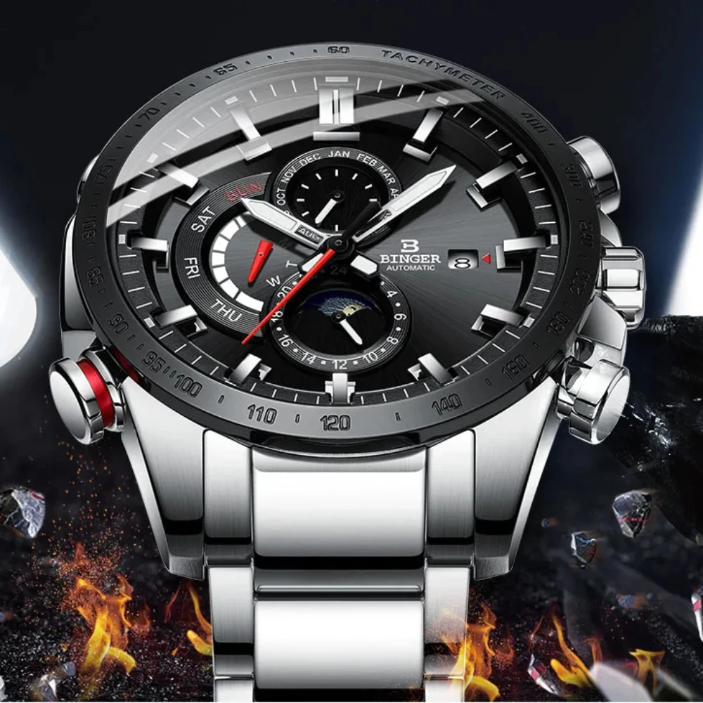 Genuine Luxury BINGER Brand Mens Watches Automatic Mechanical Luminous Full Steel Waterproof Running Calendar Male Moon Phase