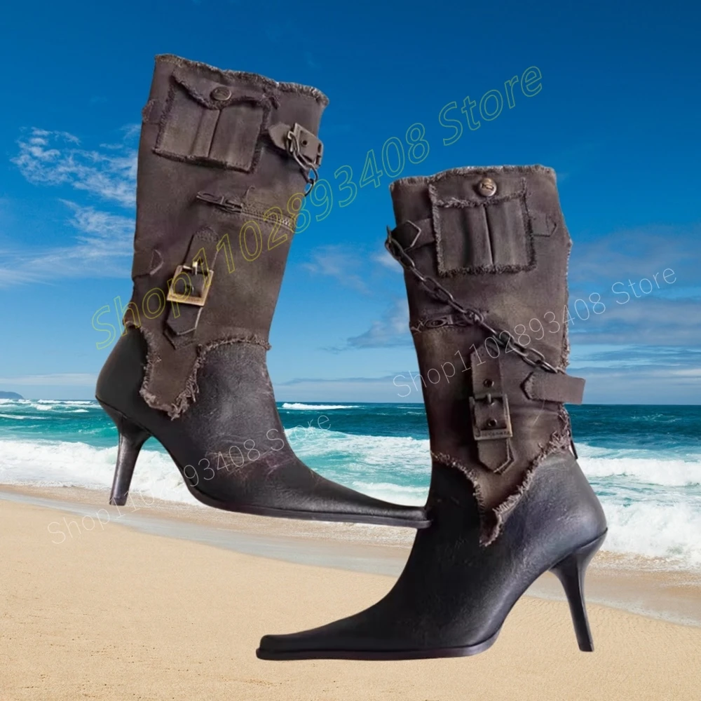 Two Ways to Wear Pointed Toe Mid Calf Boots Metal Chain Zipper Stiletto High Heel Fashion 2024 Women Shoes Zapatos Para Mujere