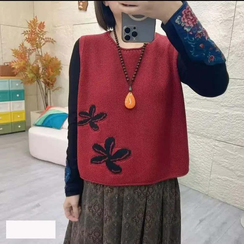 

Круглый вязаный хлопковый жилет в стиле ретро, женский многослойный весенний новый жилет с цветочным узором без застежки на пуговицы