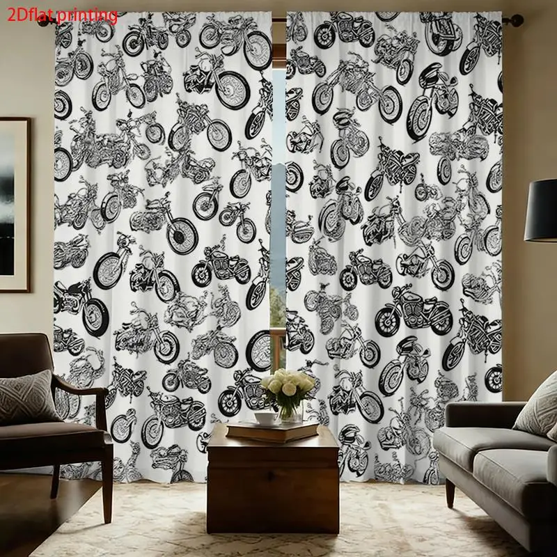 Vintage Motorcycle Curtain, Retro Motorbike Window Drape, Black White Transport Blackout Panel, Boys Room Garage Decor