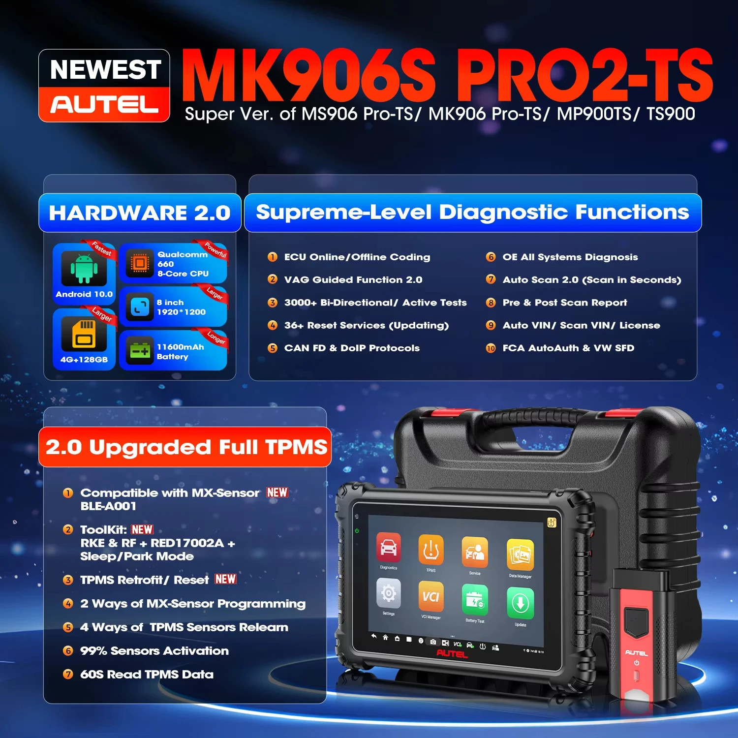 Autel MaxiCOM MK906S Pro2-TS MK906S Pro-TS Auto TPMS Programming Diagnostics Tool ECU Coding All Systems OBD2 Diagnosis Scanner