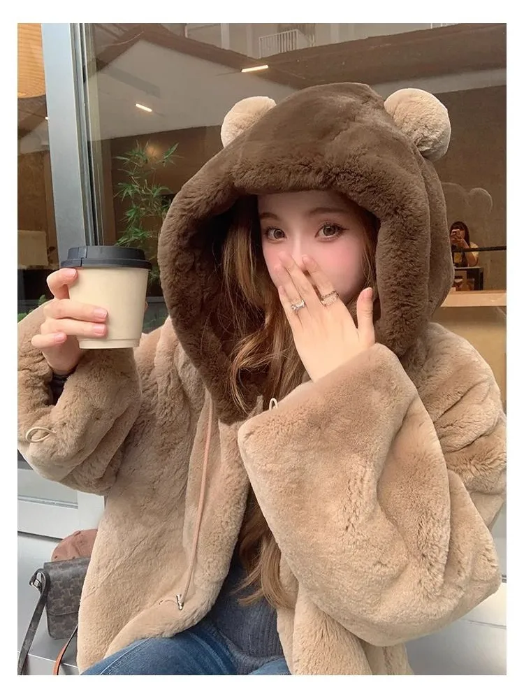 Korean style Women Cute Bear Fake Fur Imitation Rabbit Plush Fur Coat Autumn and Winter Hooded Thickened Zipper Jacket