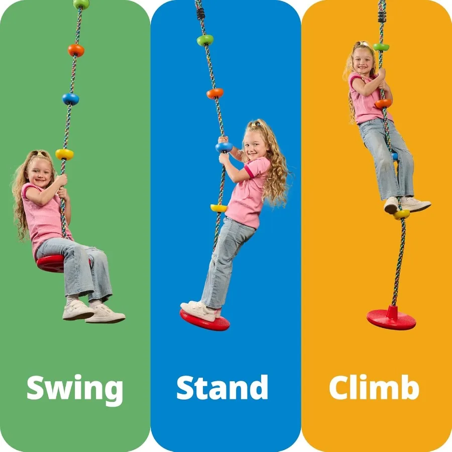 Balanço de árvore para assento de disco único e conjunto de corda de escalada arco-íris com mosquetão e alça de 2,6 pés, casa de árvore e playground ao ar livre A
