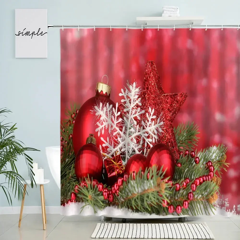 Merry Christmas Shower Curtain Winter Holiday Home Bathroom Decor Xmas Ball Christmas Tree Snowflake Pattern Screen Washable