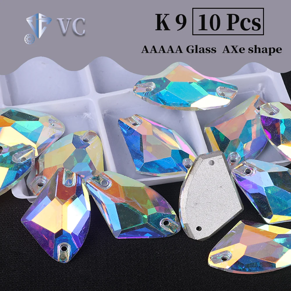 Wholesale K9 10PCS Crystal AB Hand Sewn Flat Double Hole AXE Shaped Glass Rhinestones for Clothing Leisure Decoration