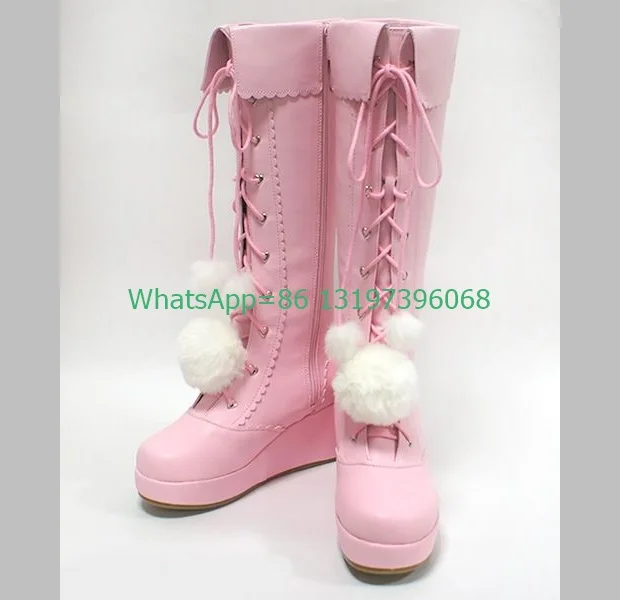 Lady Pom Poms Fur Pink Lace Wedges Heel Knee Boots Chunky Heel Lace Bowtie Lace-Up Pink Elegant Lonita Boots Footwear Size 3546