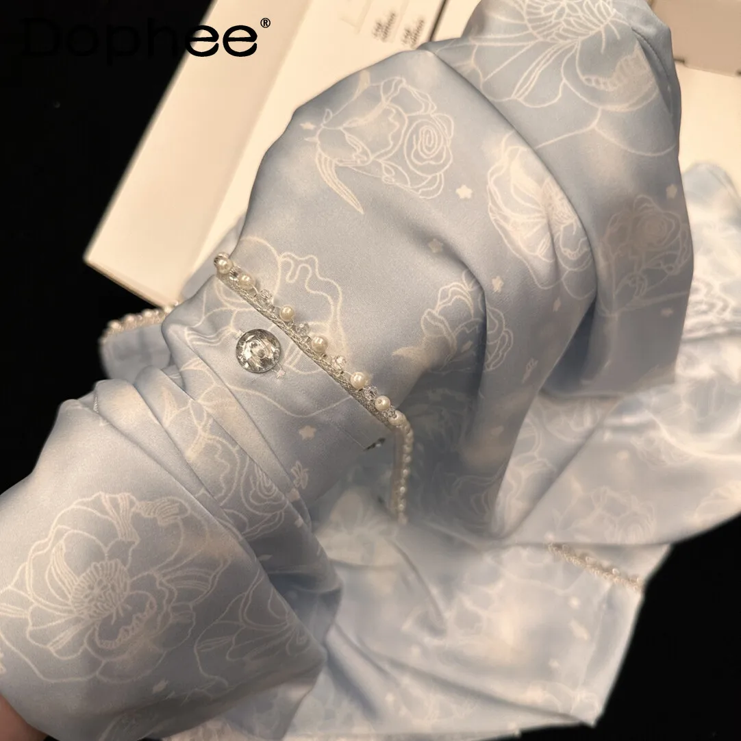 

French elegant lady high-end ice silk pajamas, set 2025 summer new casual loose skin-friendly long-sleeved loungewear