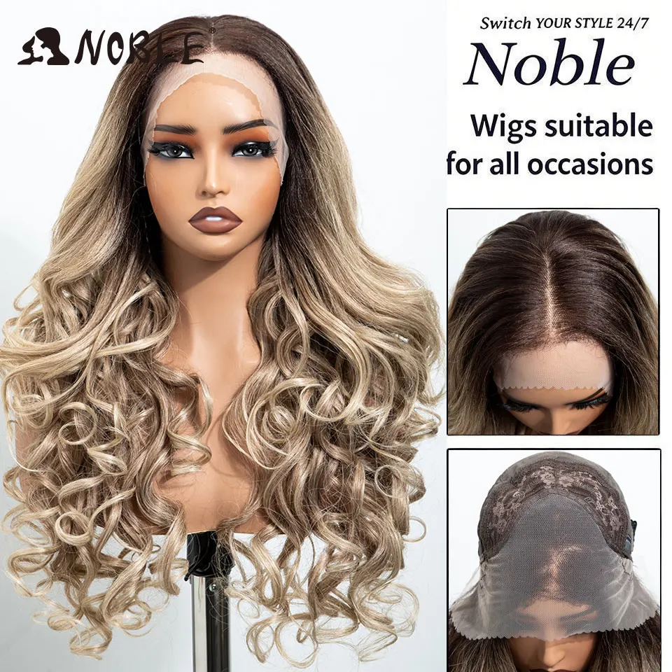NOBLE 13X4 Lace-Front-Synthetikperücke, 28 Zoll, Ombré-Blond, lockige, lockere Frisur, mit Pony, hitzebeständig, TikTok-Perücke für schwarze Frauen, für den täglichen Gebrauch. – Detail 3