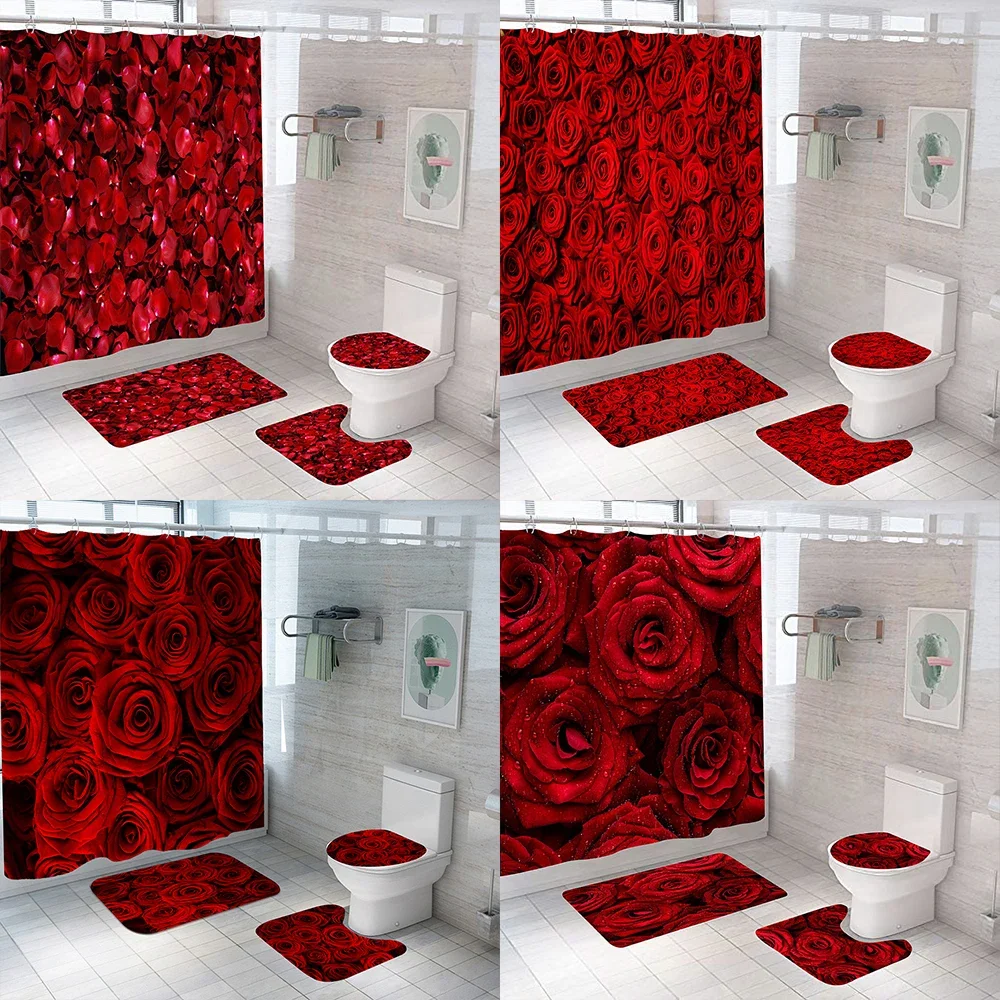 Red Rose Flowers Pattern Shower Curtain Set with Rugs Waterproof Bathing Screen Anti-slip Toilet Lid Cover Rugs Bathroom Decor