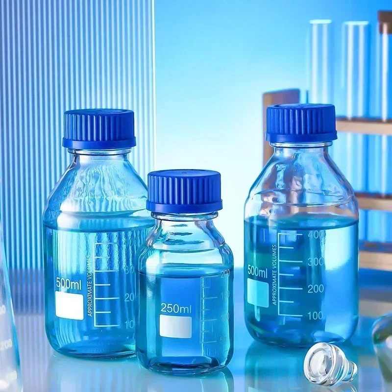 1Pcs 25ml-1000ml Non-High Borosilicon Round Glass Media Storage Bottles Lab Bottle w/ Blue GL45 Screw Caps For Liquids Reagent