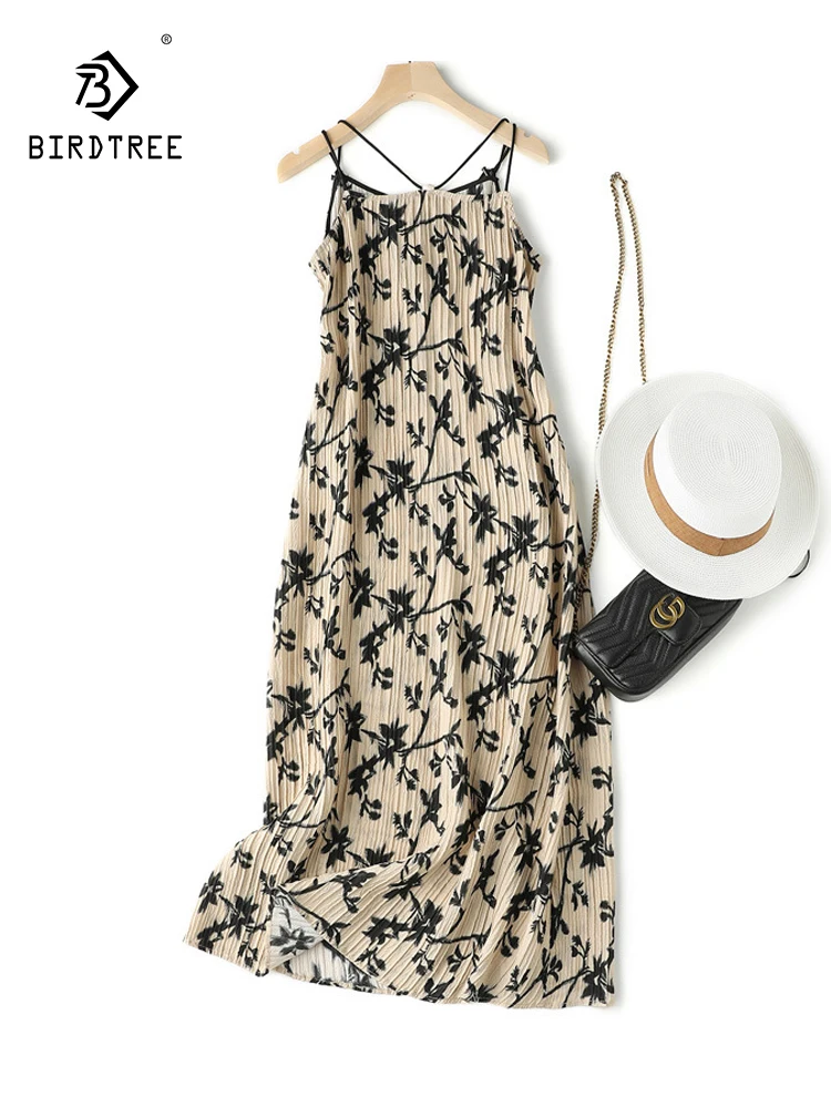 

BirdTree, 19MM 95%Real Silk Elegant Dresses, Women Spaghetti Strap Ink Printed, Retro Commute Chic Dress, 2024 Summer D45883QC