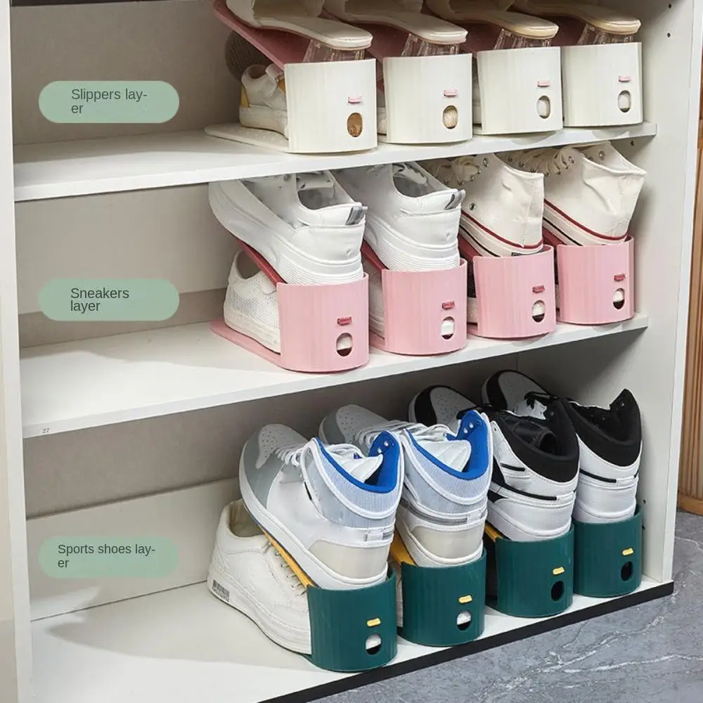 Adjustable Storage Shoe Rack Two Gear Height Contrast Color Design Wardrobe Stacker PP Double Layered Shoe Slots Organizer