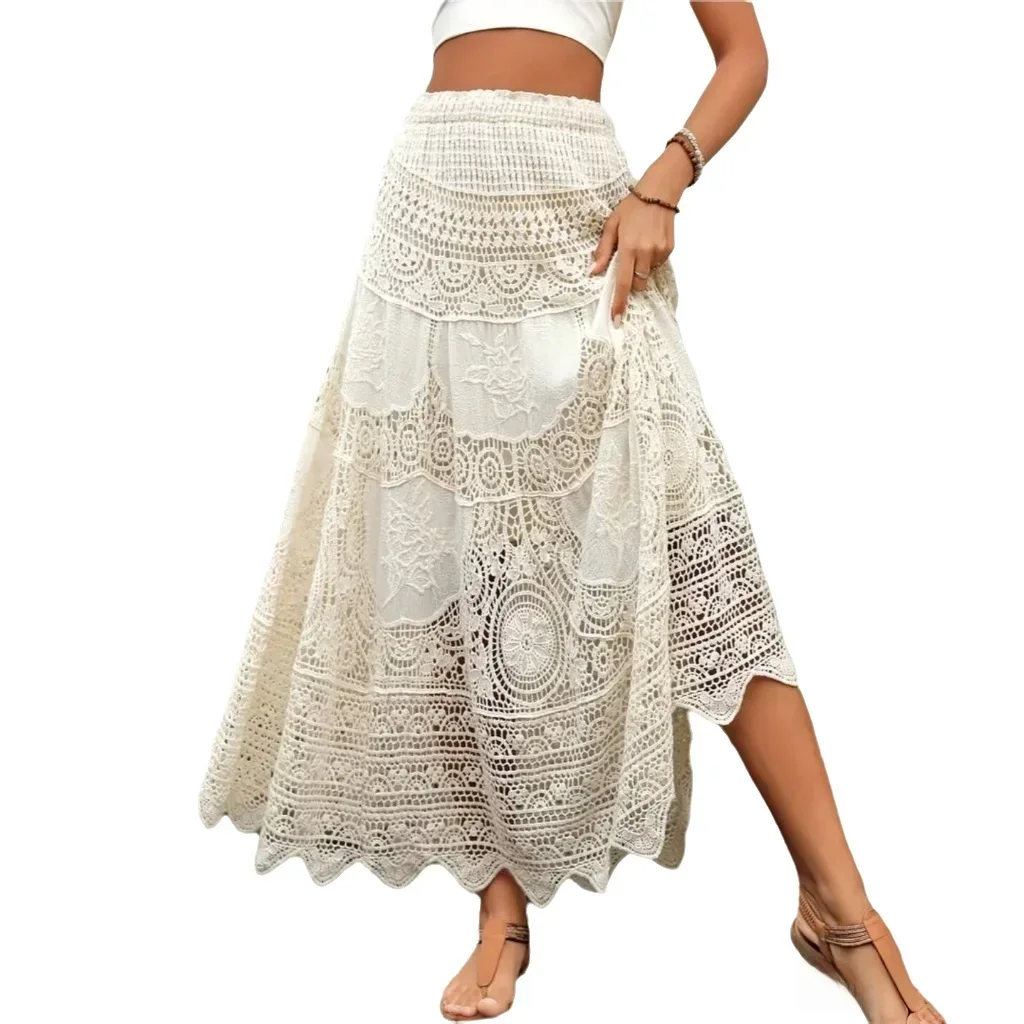Embroidered Lace Maxi Skirt Hollow-out Crochet Knit A-line Long Skirt Bohemian Women Summer Beach Boho Resort Festival Outfit