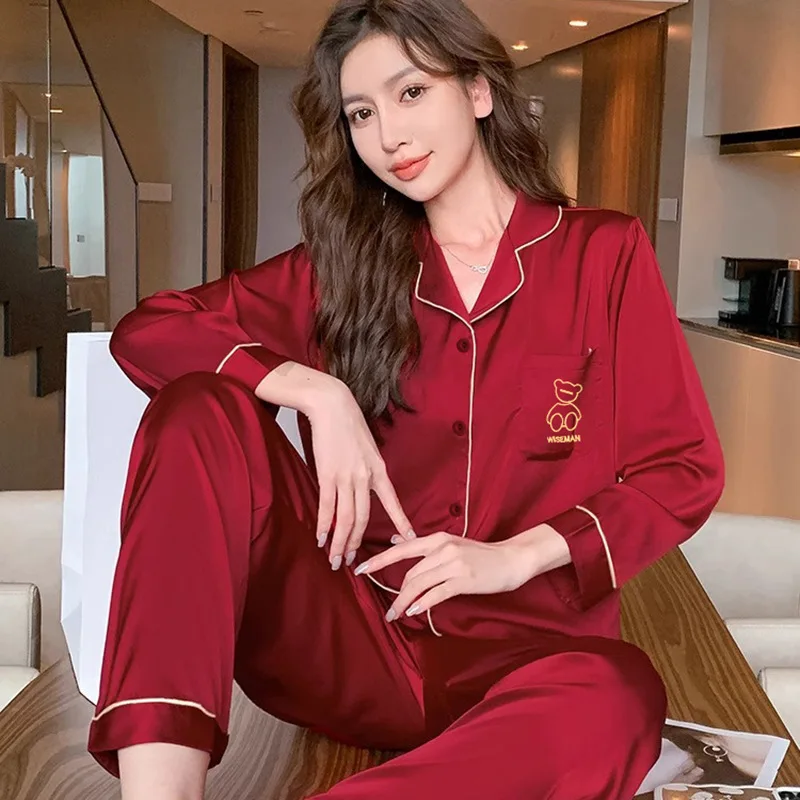 Spring Autumn Women Pajamas Fashion Women\'s New Red Zodiac Bear Print Pijamas Lapel Leisure Sleepwear Satin Silk Home Clothing