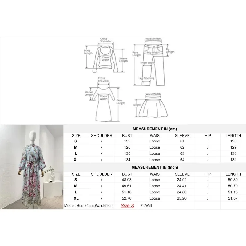 Women's Loose Style Floral Printing Dresses with Belt Sky Blue Flower Long Sleeve Diamonds Midi Dress High Quality Summer 2024