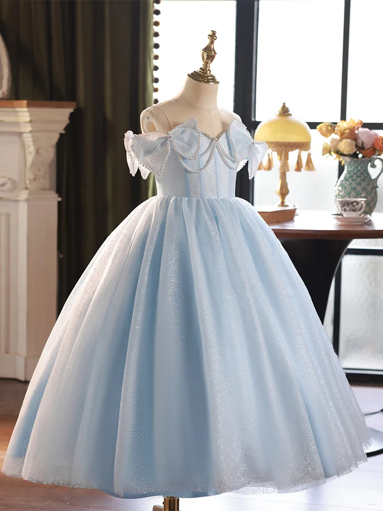 

Real Picture Sky Blue Kids Prom Occasion Dress Jewel Bow Ball Gown Little Girl Formal Wedding Party Wearvestido infantil menina