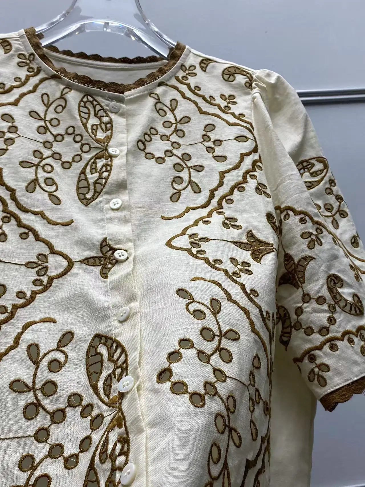 2025 Sezanes Fashion T-shirt Short Sleeve Top New Vintage Embroidery Floral Round Neck Lace Loose Hollow Out Shirt