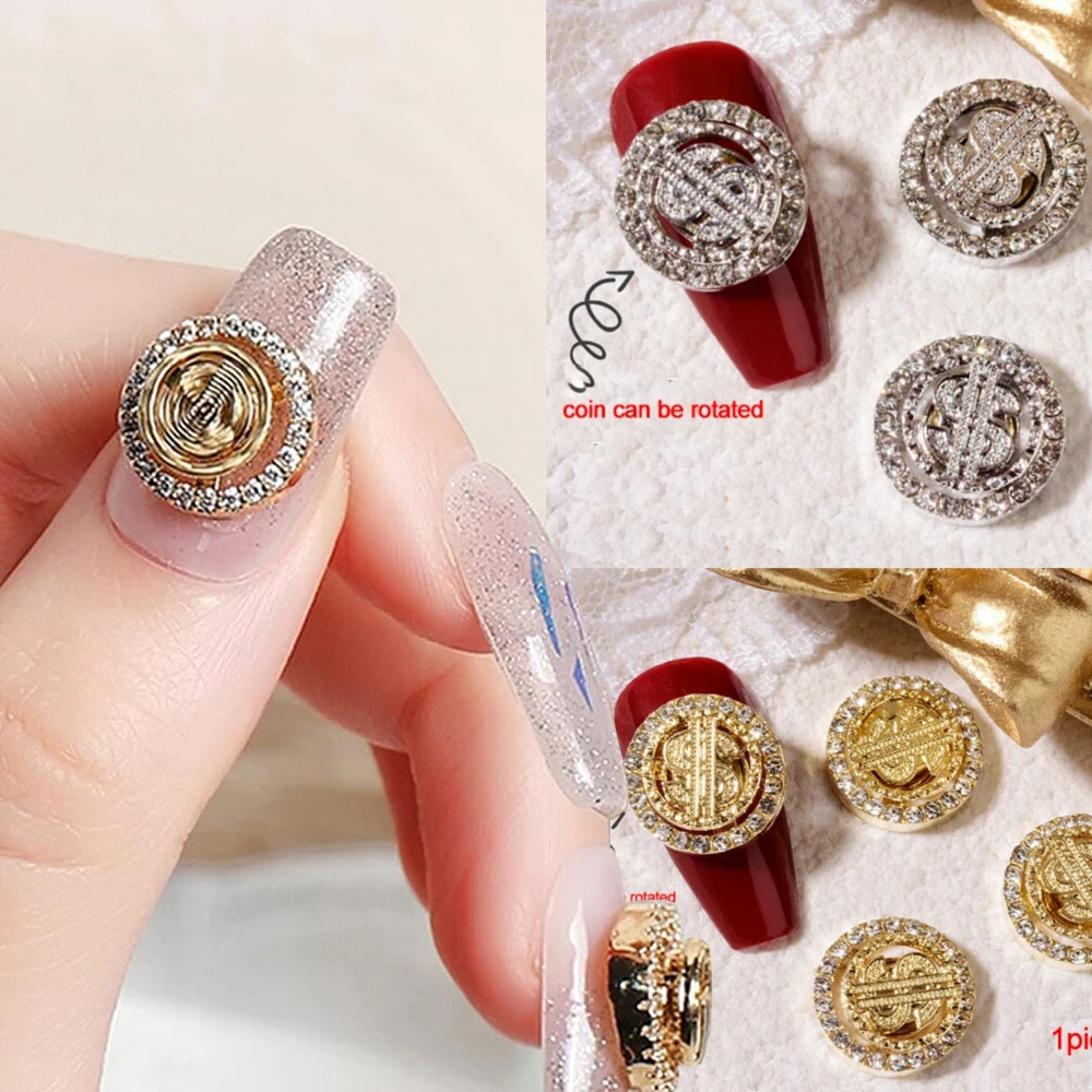 1pc Spinning Dollar Sign Nail Charms 3D Magnetic Money Golg/Silver Nail Decorations for Acrylic Nails Spin Rotating Dollar Parts 