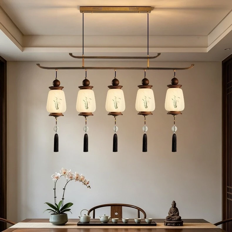 Song Dynasty aesthetic restaurant chandelier, new Chinese tea room lamp, black walnut retro study bar counter, one-word long lam
