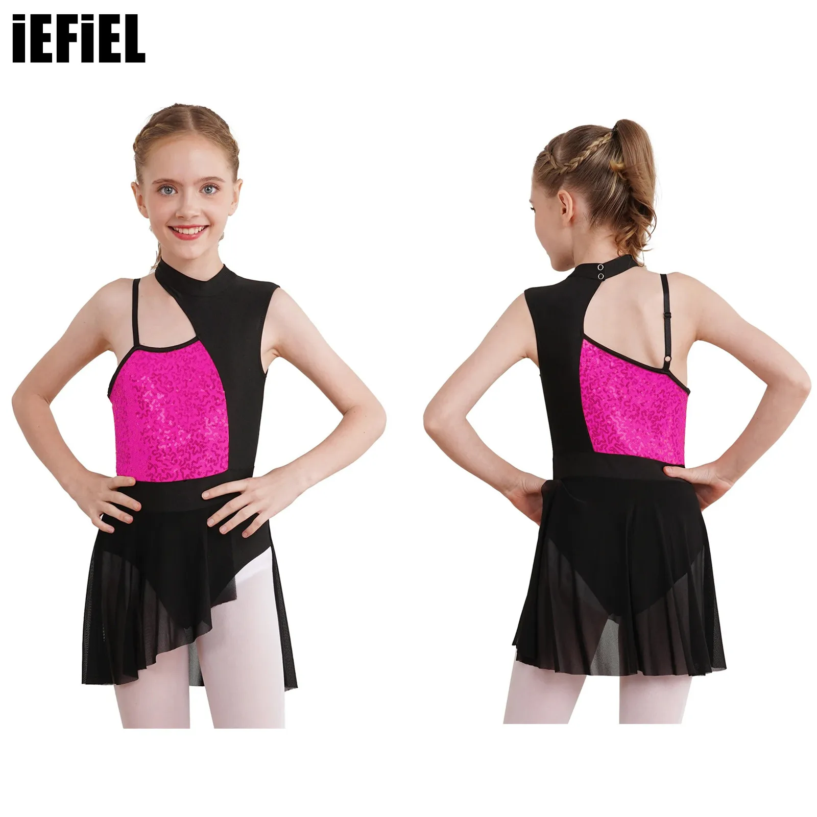 

Kids Girls Shiny Sequins Dance Dress Off Shoulder Round Collar Sleeveless Patchwork Style Stylish Clothing