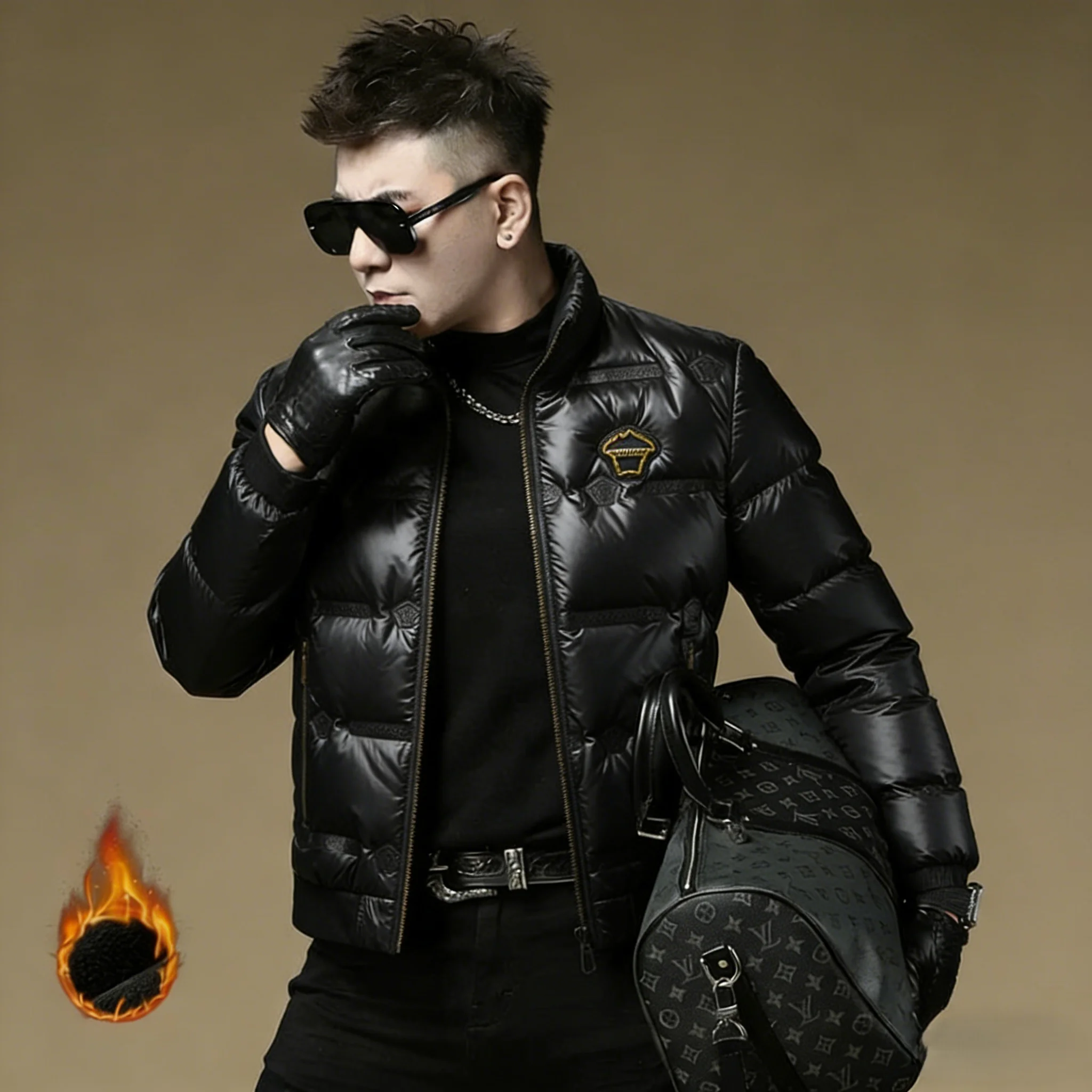 

Men's Faionable ort down Jaet White Du down Thiened Slim Fit Stand Collar Anti-Hit Coat Bla Sli Urban Sle