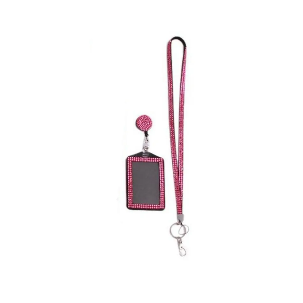 Pink Rhinestone Badge Holder Bling Crystal Necklace Case for Business Id Card Pass Mobile Chain Credit Badge Holder